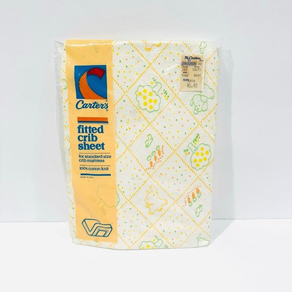 NIP Vintage Carters Cotton Yellow White Baby Animals Fitted Crib Sheet - Picture 1 of 3